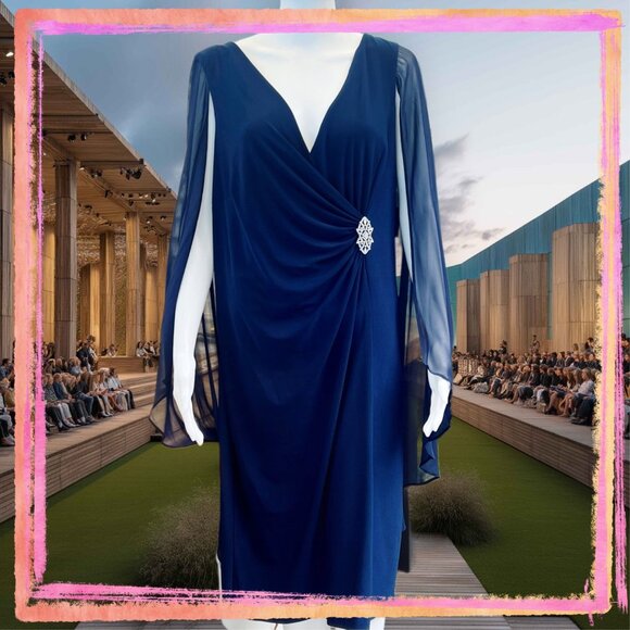 R&M Richards Womens Navy Blue Dress With Rhinestone Detail & Sheer Sleeves Style - Picture 1 of 10